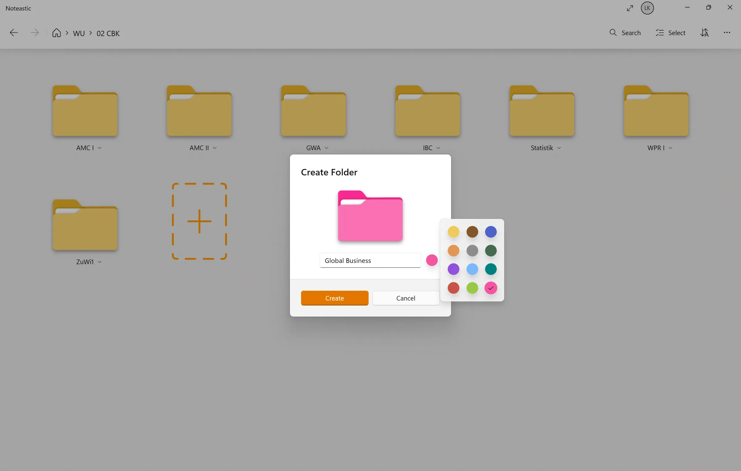 Color-coded folders for parallel lectures in Noteastic