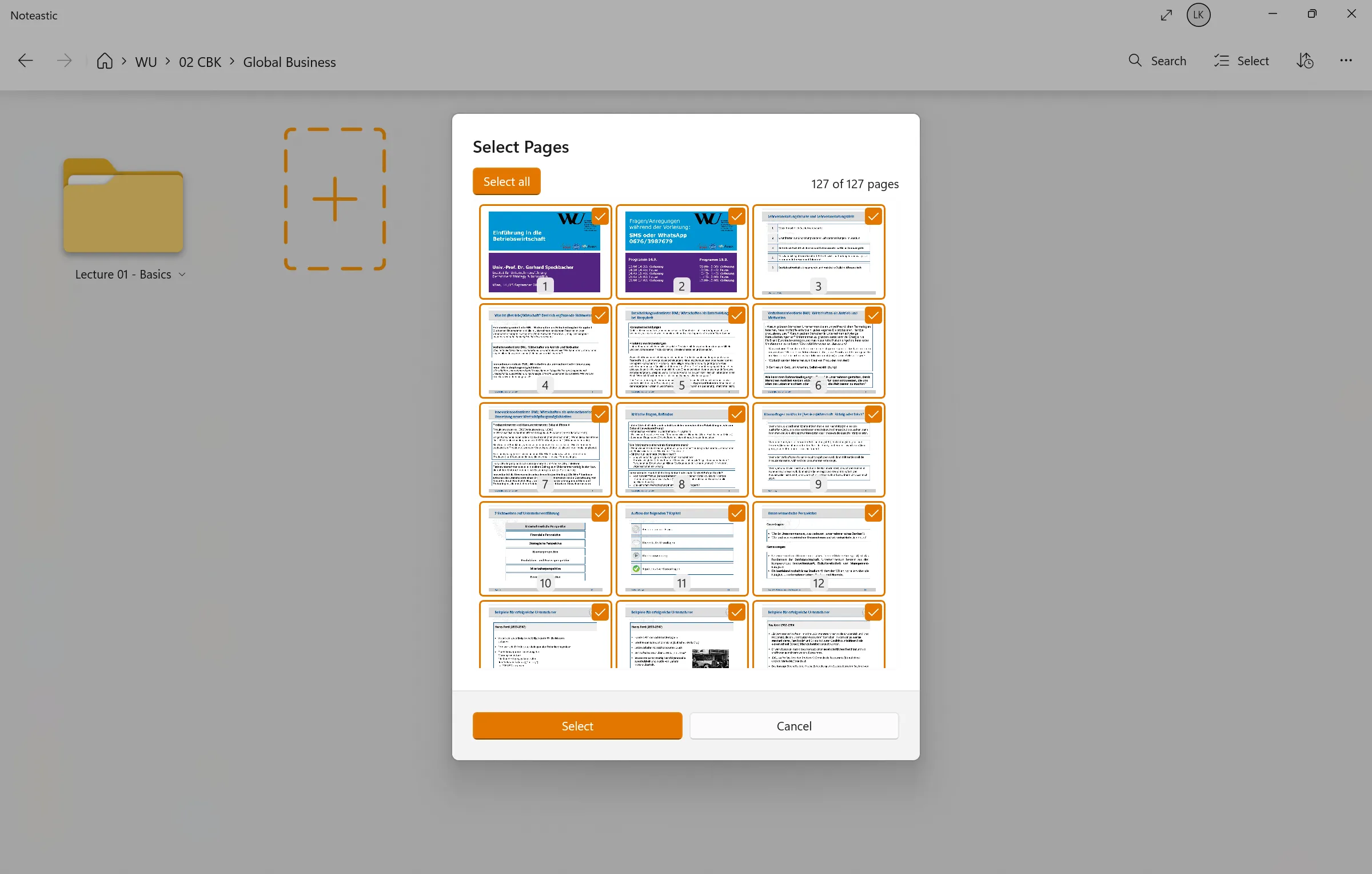 Noteastic PDF import dialog with options to import all pages or a
selection