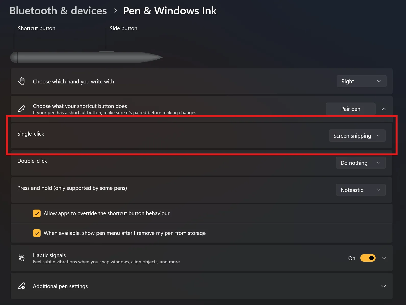 Windows stylus settings showing the button on the back of the
stylus