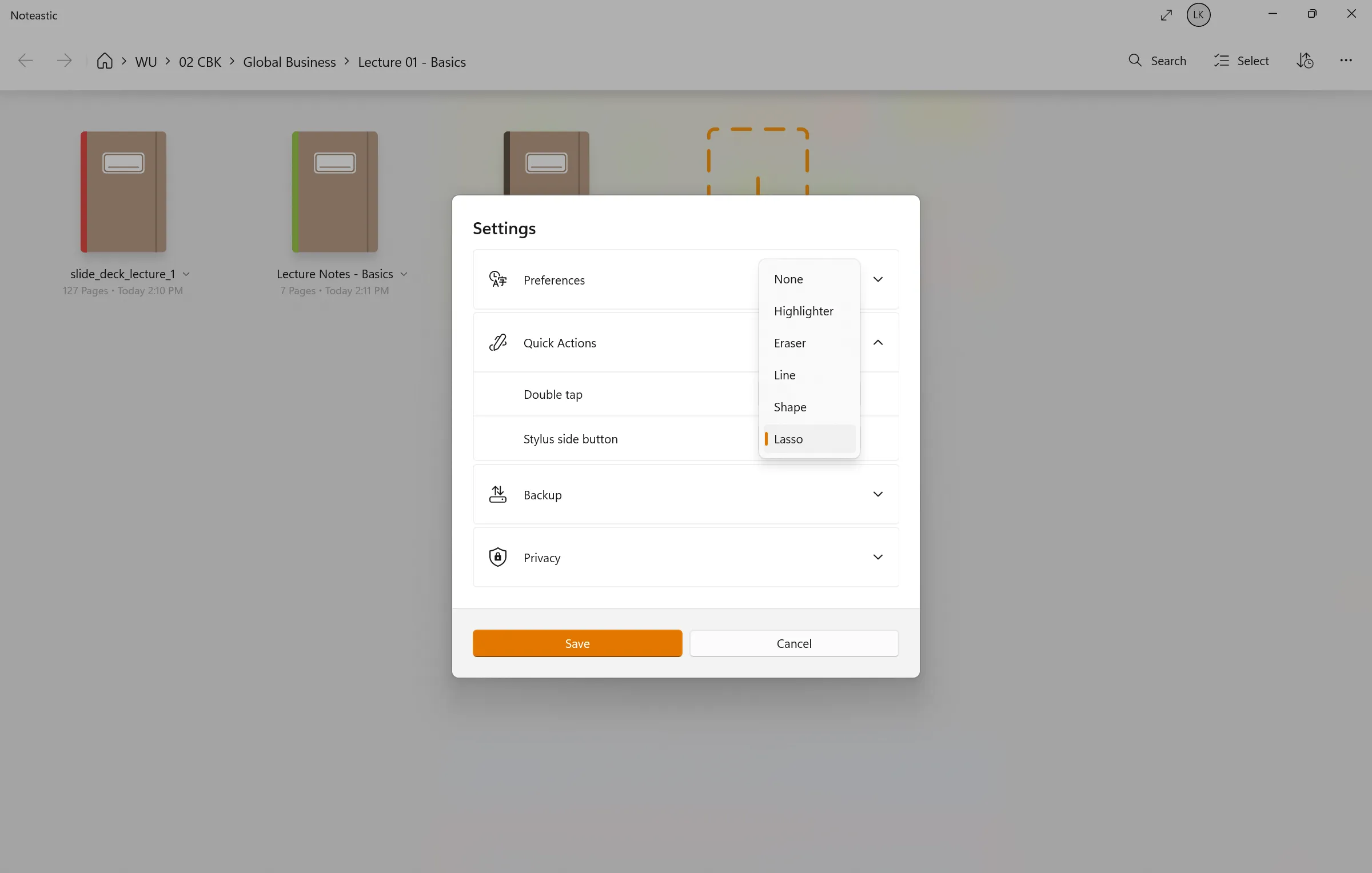 Quick Actions settings in Noteastic