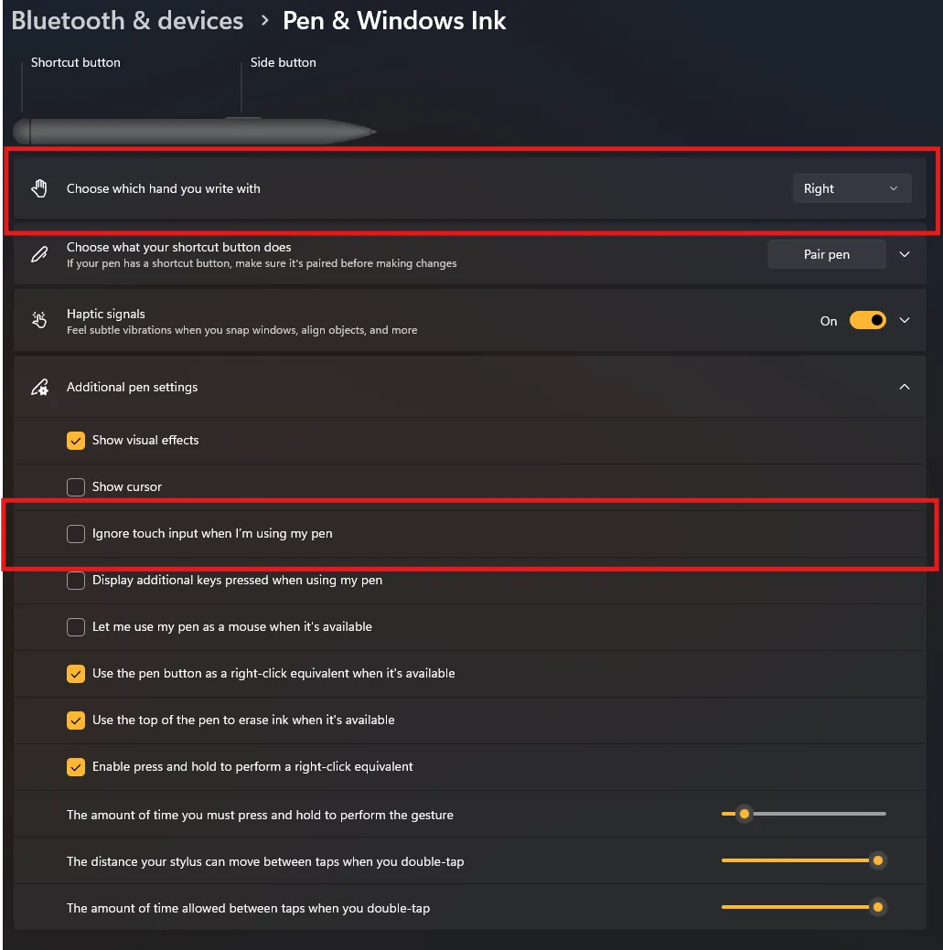 Windows pen settings with 'Ignore touch input when I'm using my pen'
option