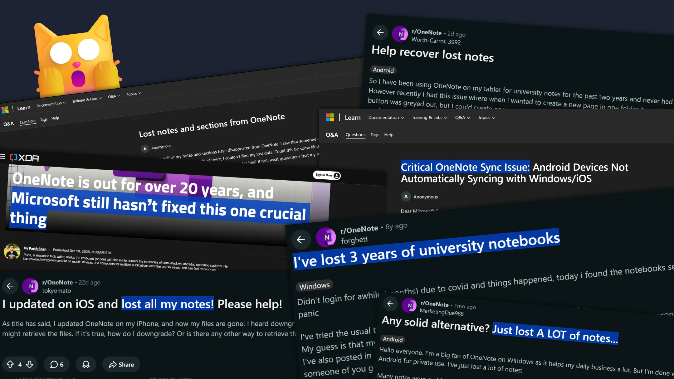 Headlines from online sources about data loss in OneNote