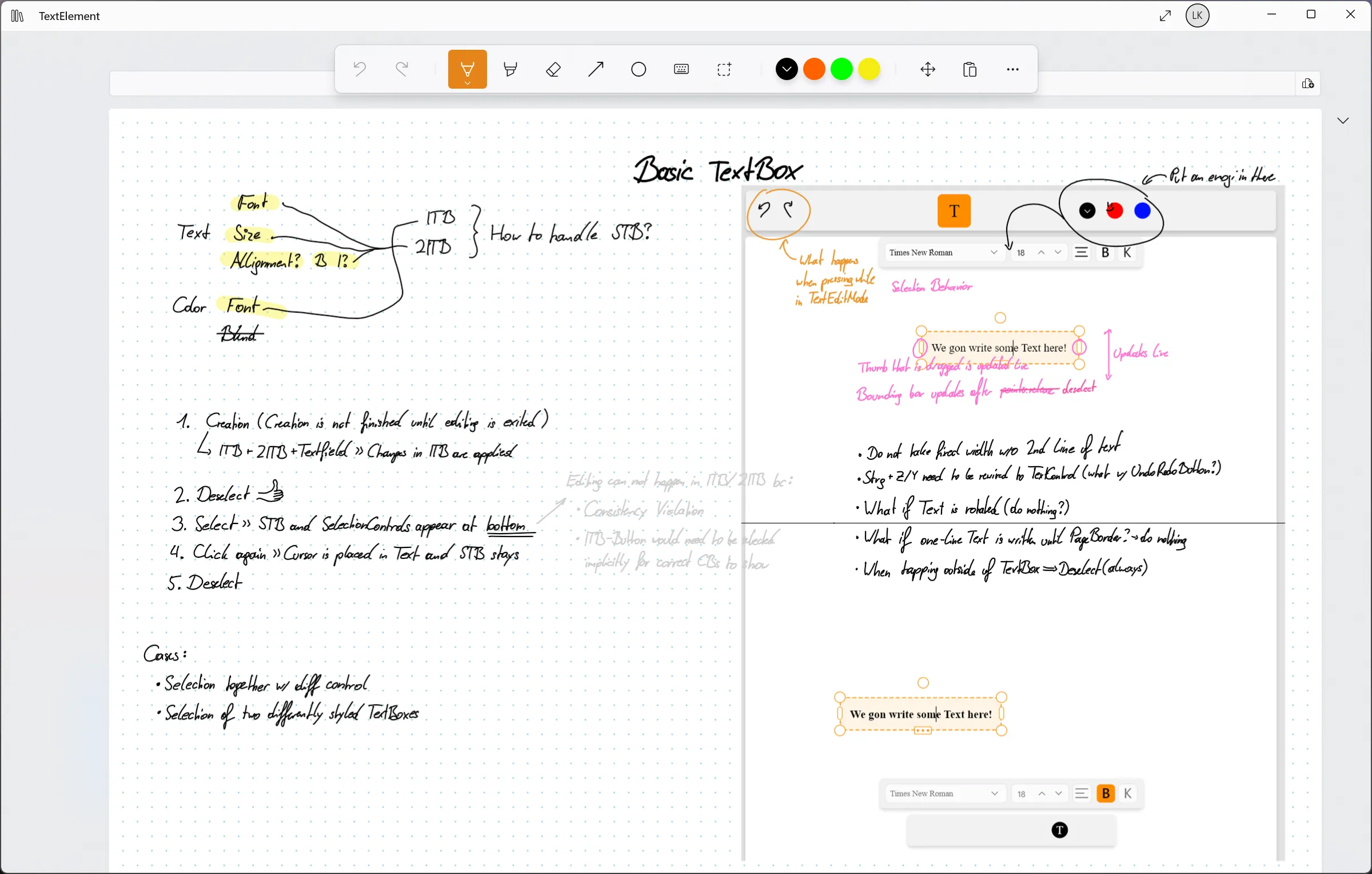 Handwritten notes showing sketches of the text box design