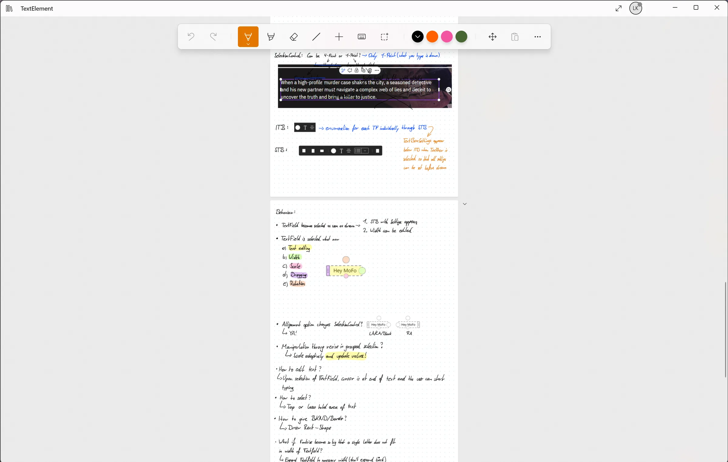 Handwritten notes on the details of the text box specification