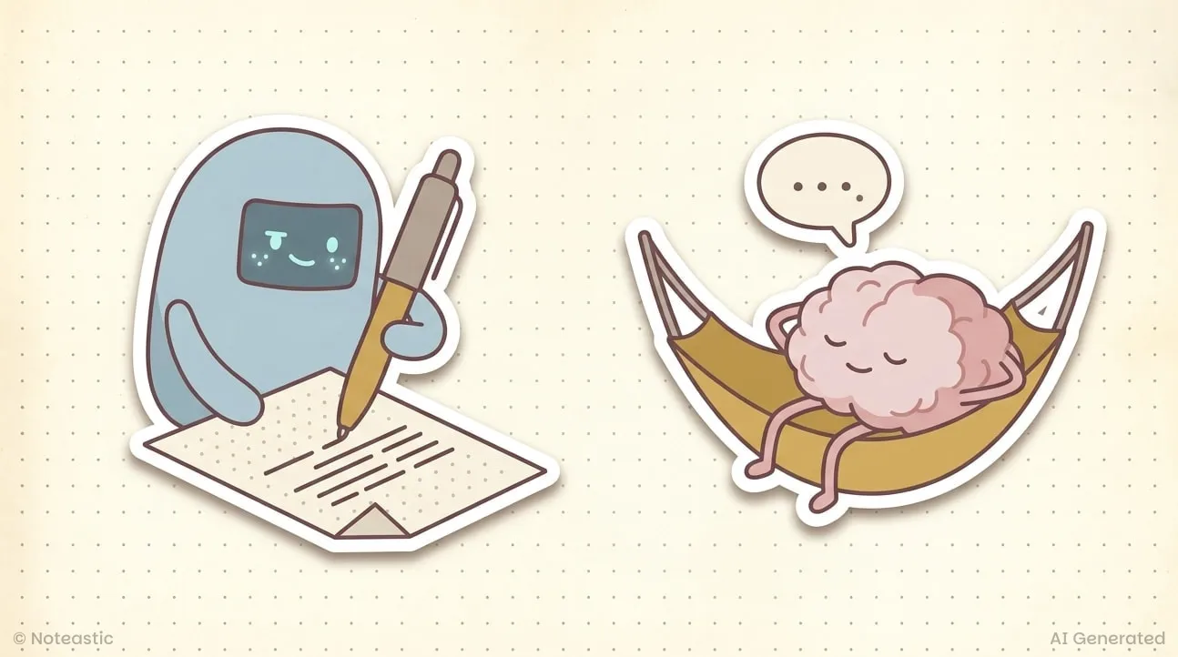 A robot writing on a page while a brain naps in a hammock