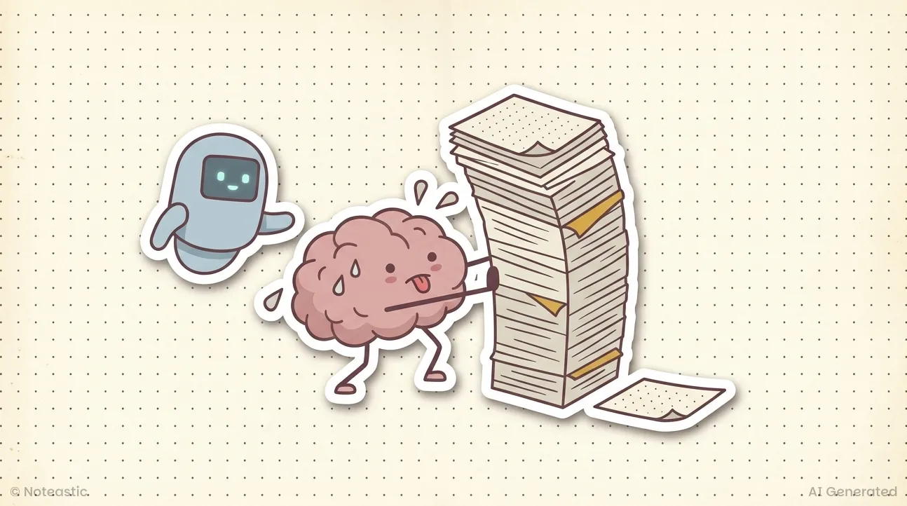 A sweating brain dragging a huge stack of paper while a robot waves