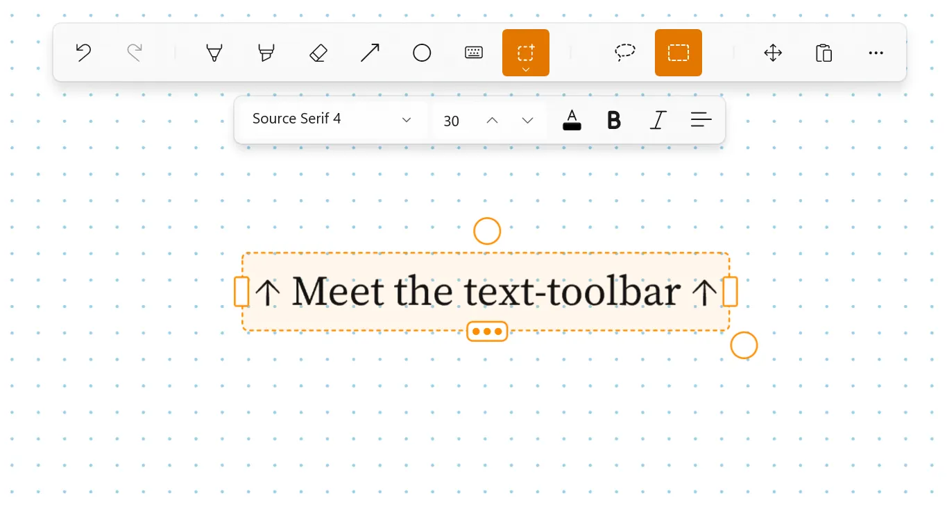 The floating text toolbar docked under the ink toolbar