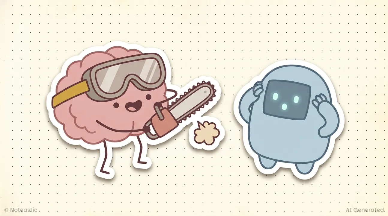 A cartoon brain in safety goggles holding a chainsaw next to a robot