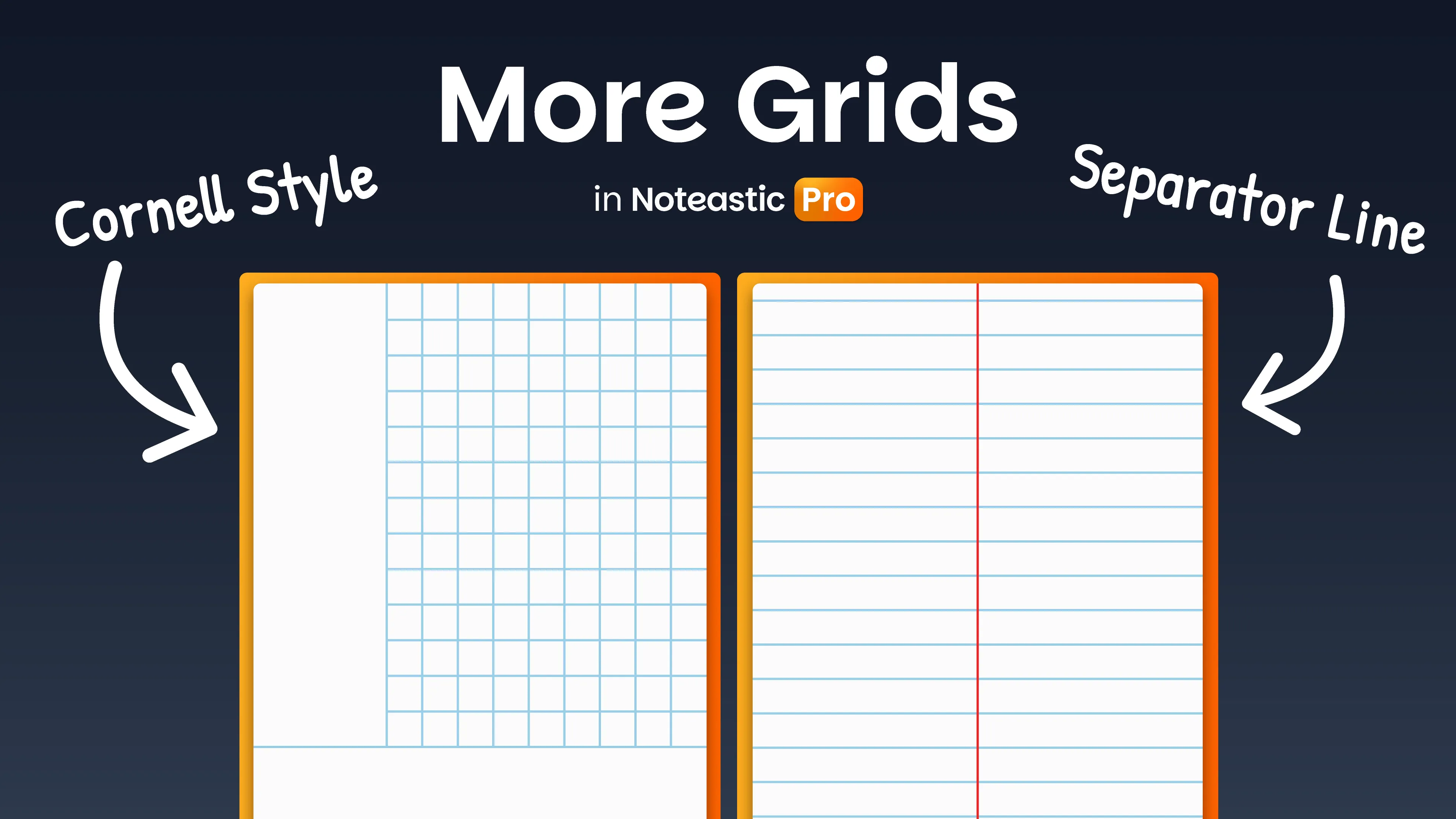 Two Noteastic pages side by side, a Cornell style grid on the left and a lined page with a vertical separator line on the right