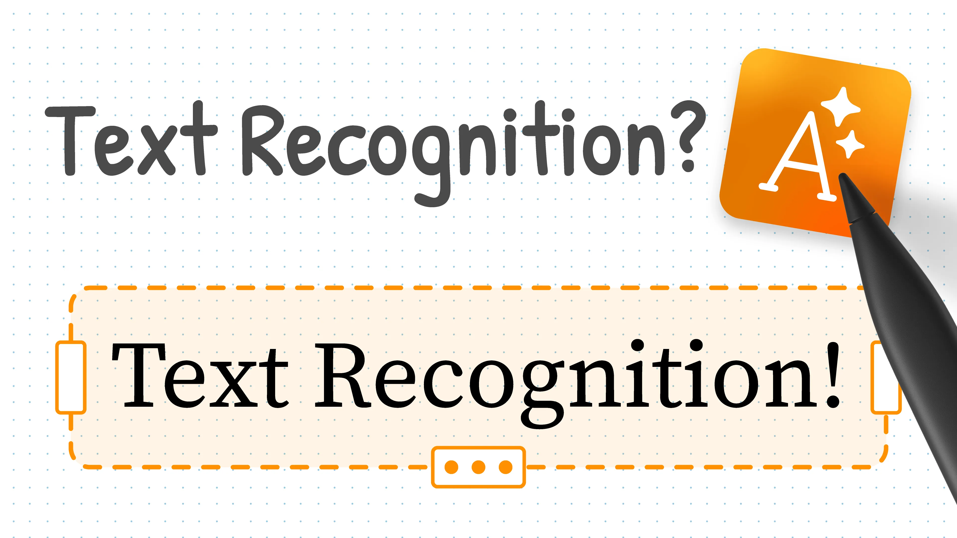 "Text Recognition?" in handwriting above the same words converted into clean typed text in a Noteastic text box, with a stylus on the text recognition button