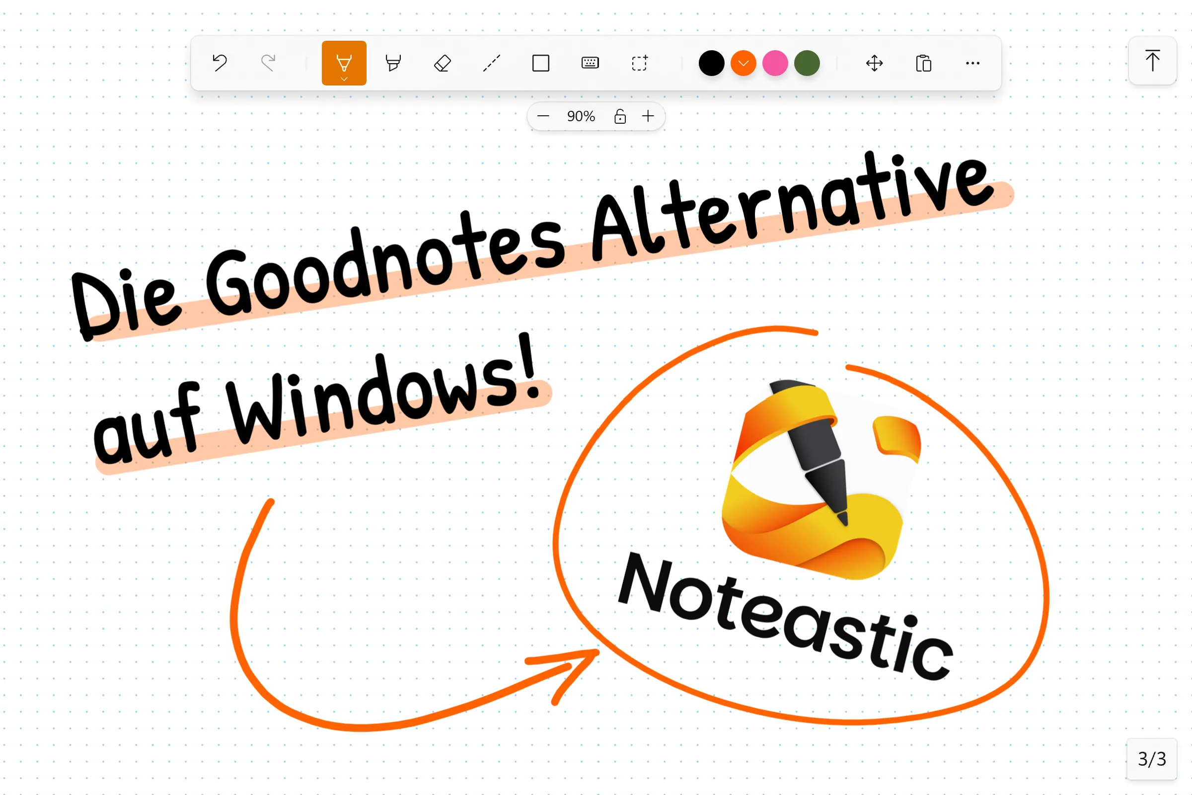 Handschriftliche Notiz mit dem Text 'Die Goodnotes Alternative auf Windows!' und einem Pfeil, der auf das Noteastic-Logo zeigt