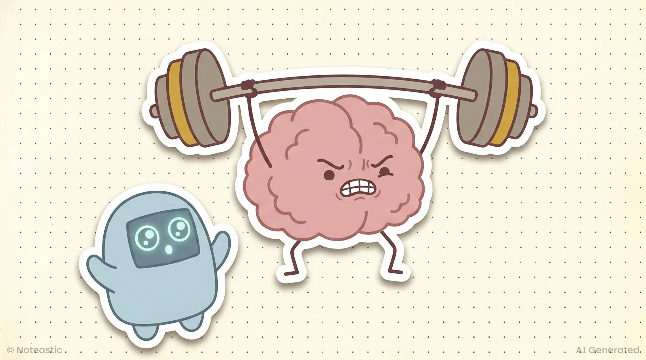 A brain lifting a barbell while a robot watches