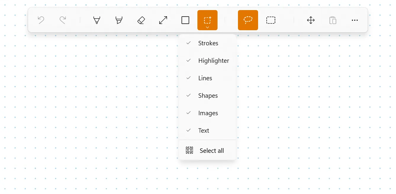 Noteastic-Toolbar mit geöffnetem Lasso-Flyout