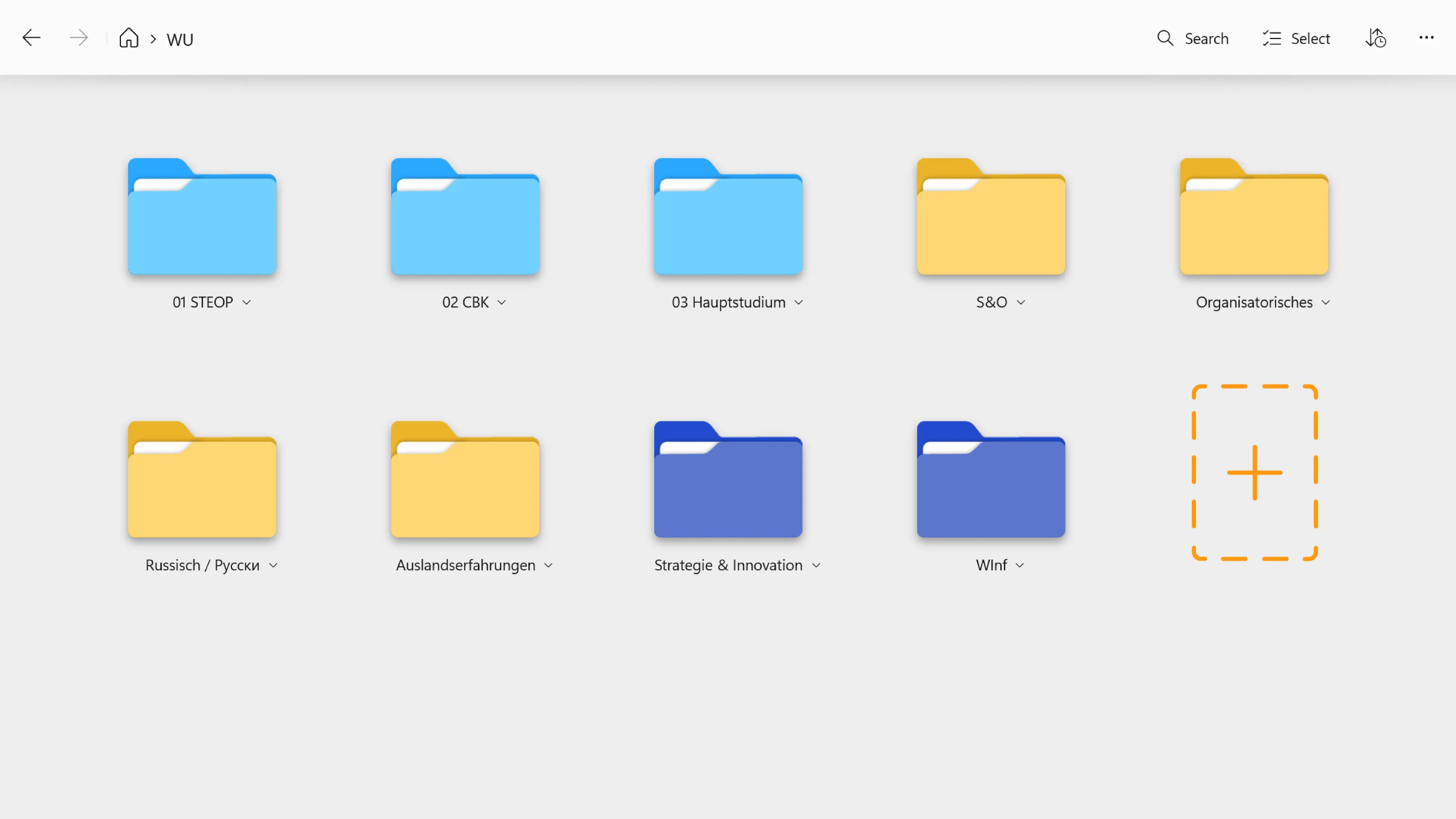 A digital note library with folders in various colors