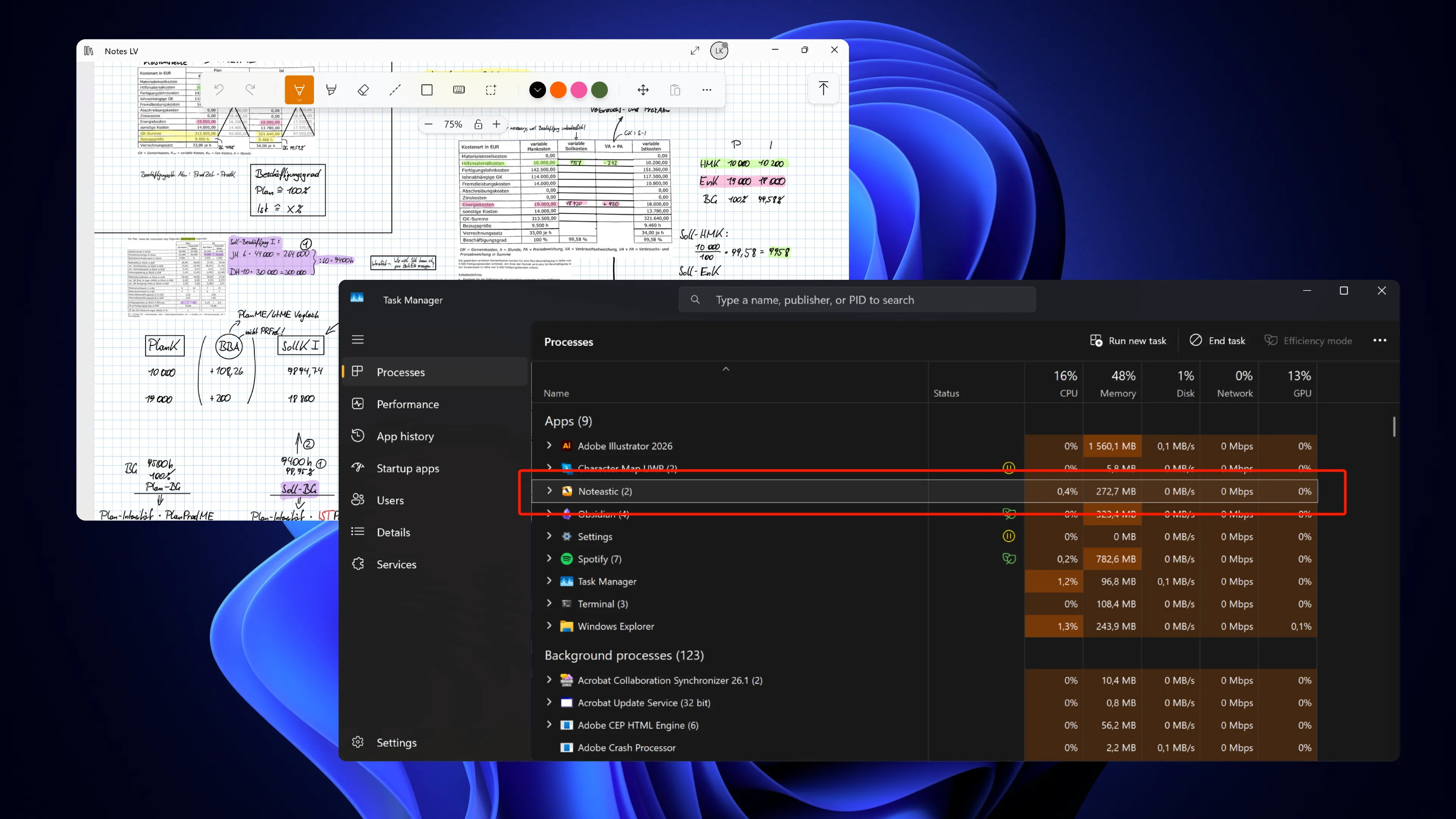Windows Task Manager with Noteastic highlighted among running processes at low memory and CPU