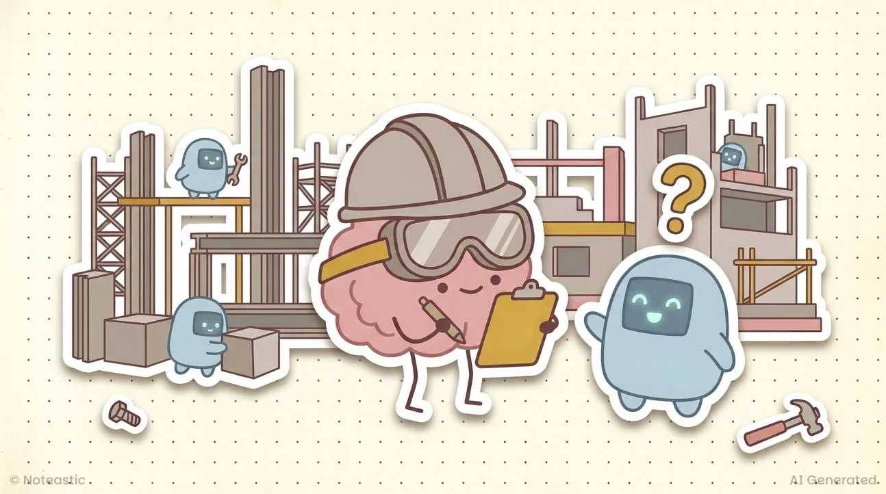 A brain in a hard hat holding a clipboard while robots work on a construction site