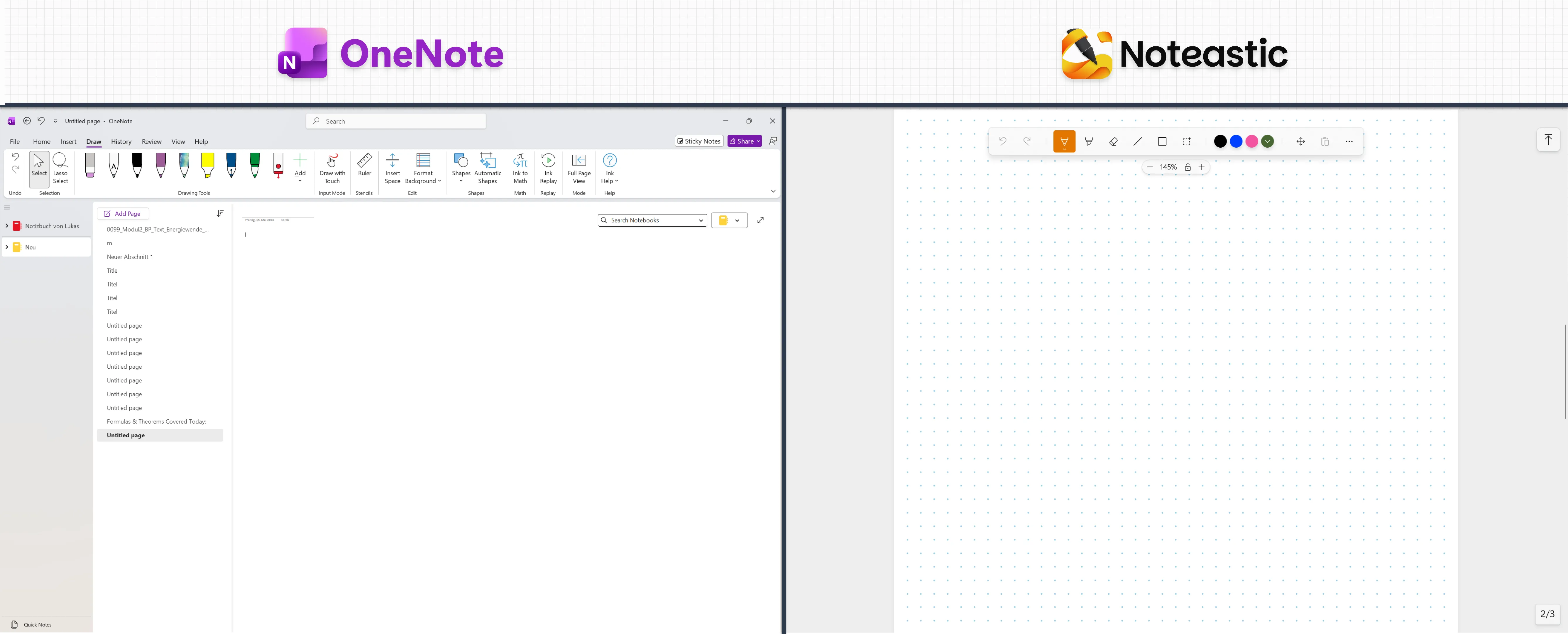 A side-by-side comparison of the top third of OneNote and Noteastic
