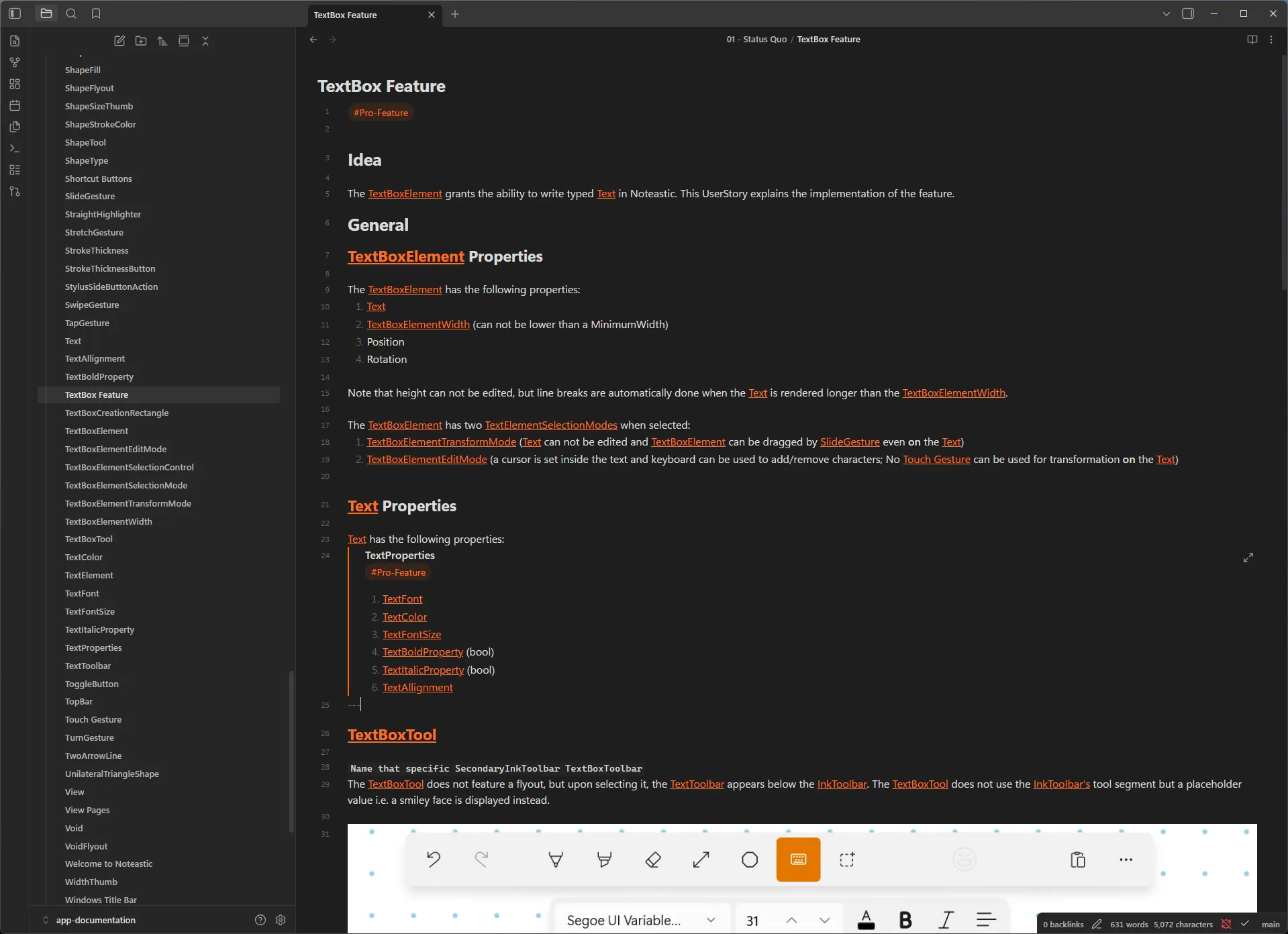 The TextBox Feature specification opened in Obsidian, showing the Idea, General and TextBoxElement Properties sections