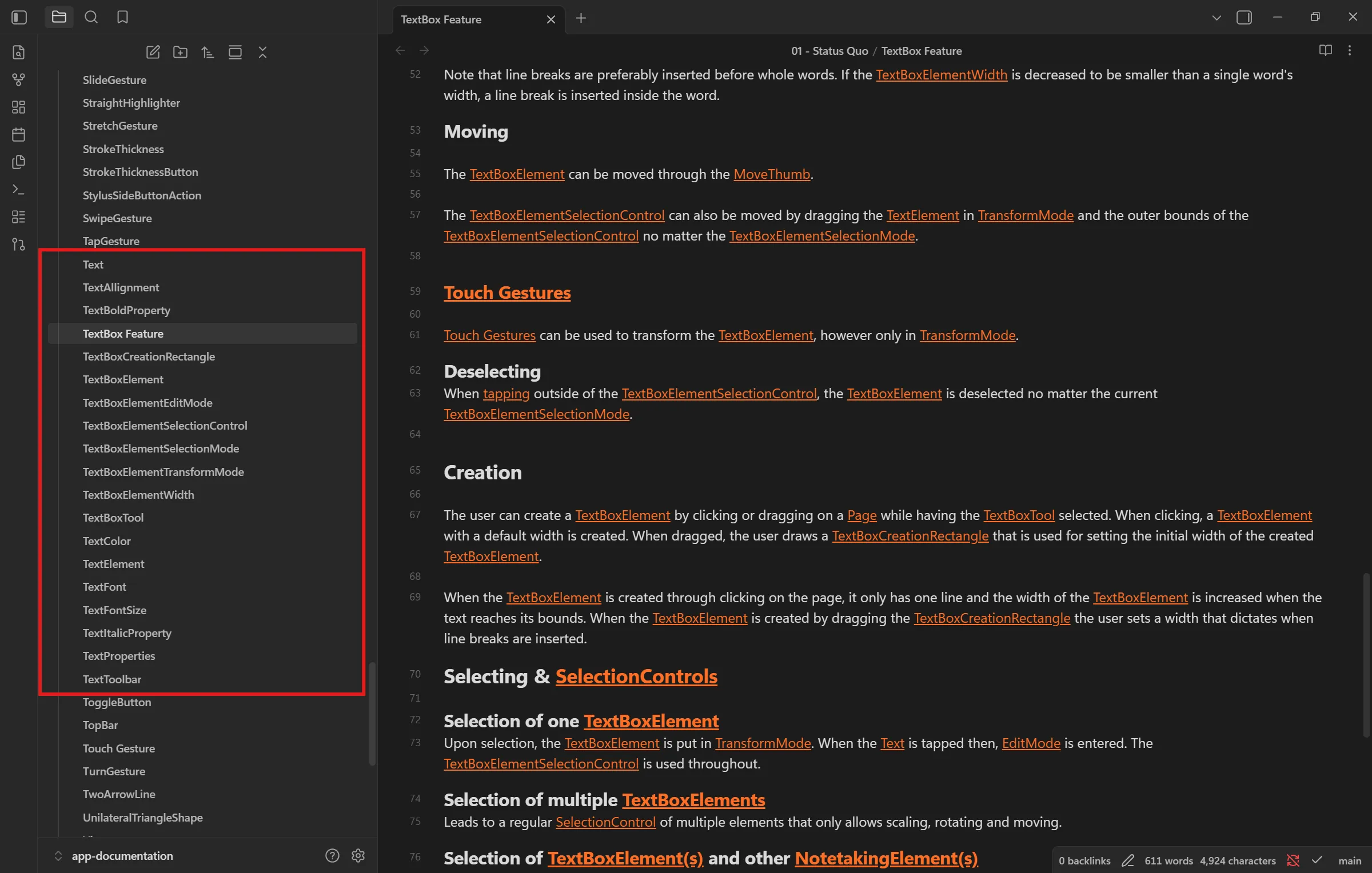 The Obsidian sidebar with all TextBox specification files highlighted