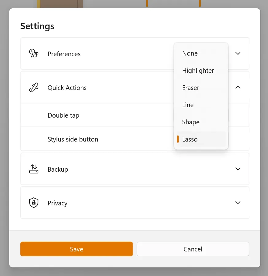 Der Noteastic-Einstellungsdialog mit ausgeklapptem Schnellaktionen-Bereich
und geöffnetem Dropdown für den
Stift-Seitenknopf