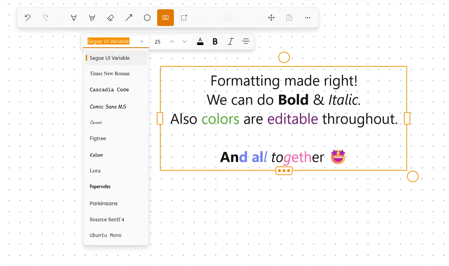 A Noteastic text box showing bold, italic and multi-colored text