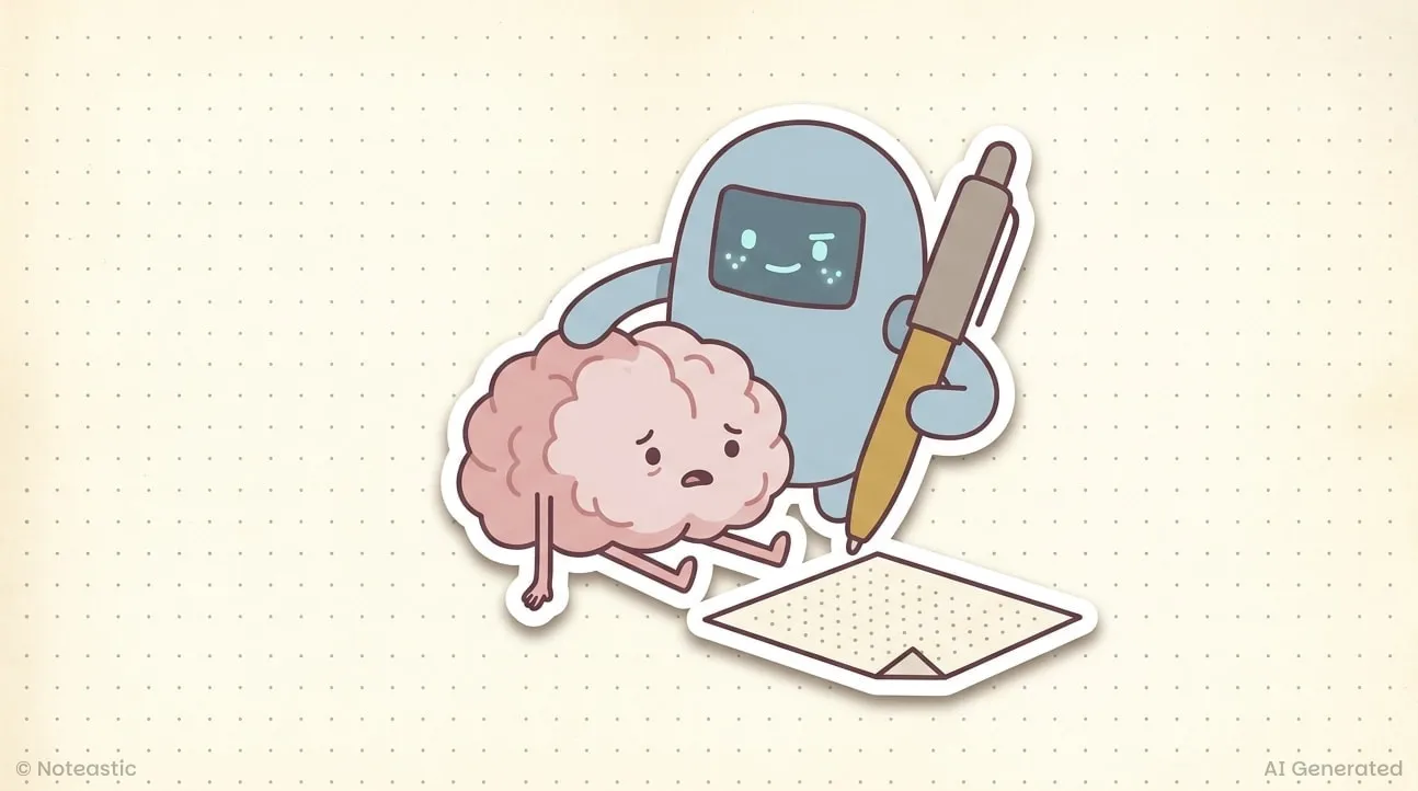 A worried brain sitting in front of a robot holding a pen