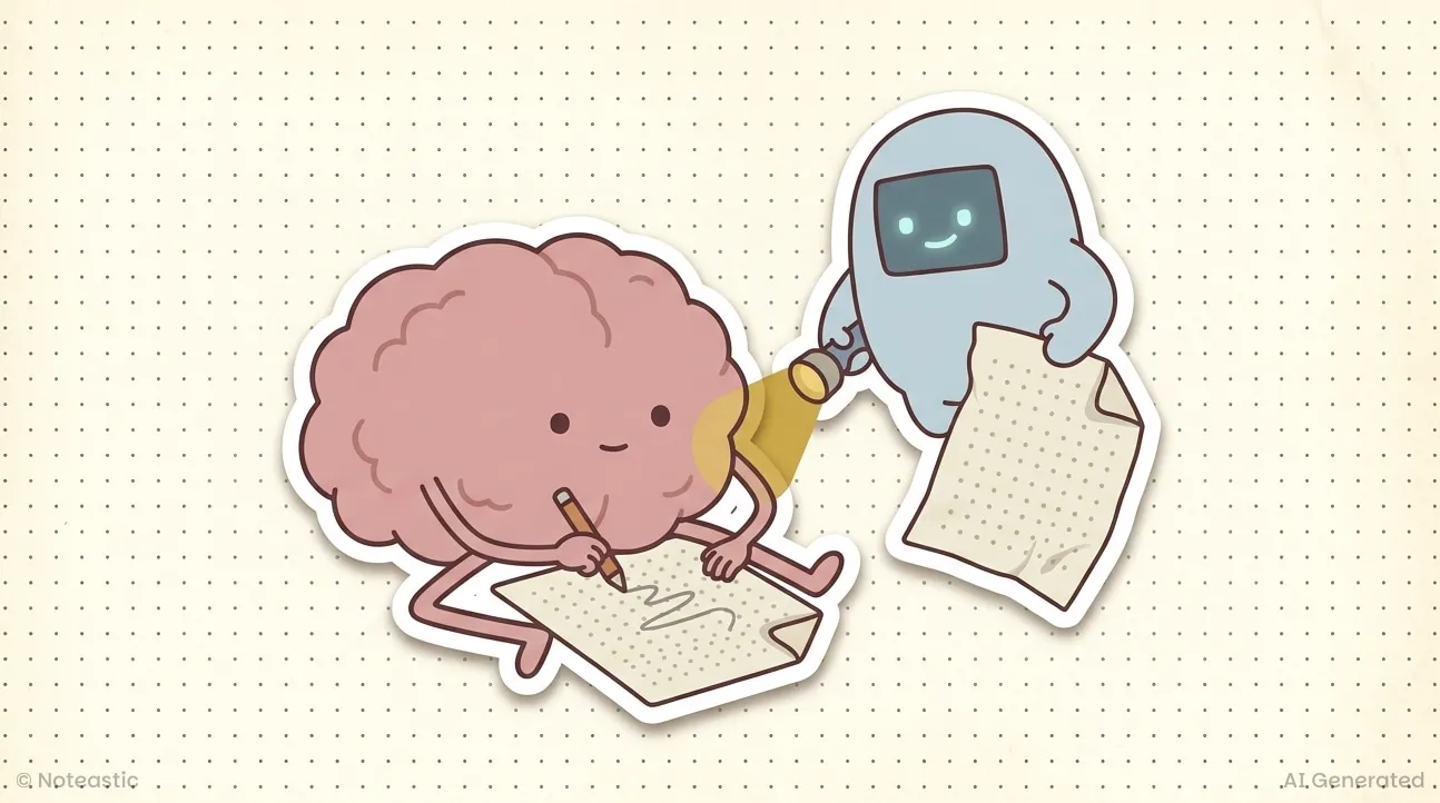 A robot lighting a page with a flashlight for a writing brain
