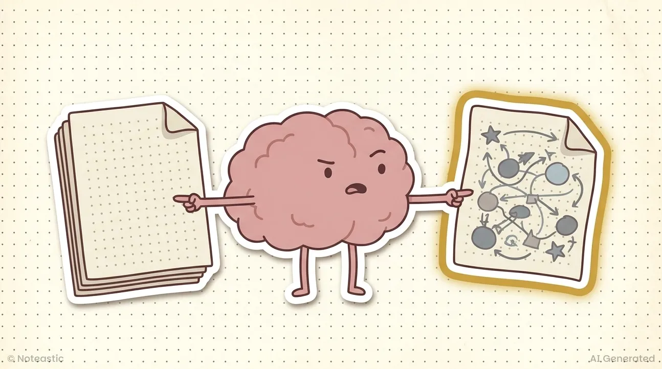 A brain comparing a stack of plain pages with a page of connected ideas